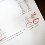 Dokumen laporan keuangan dengan anotasi di atas meja kerja